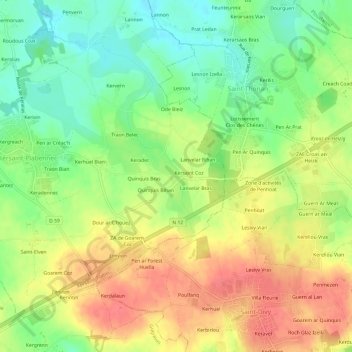 Topografische kaart Odeveur, hoogte, reliëf