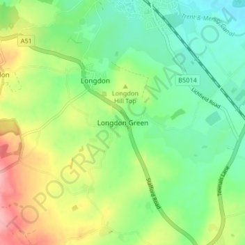 Topografische kaart Longdon Green, hoogte, reliëf