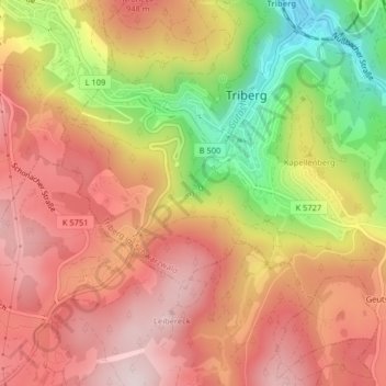 Topografische kaart Triberger Wasserfälle, hoogte, reliëf