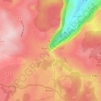 Topografische kaart Cascade d'Autoire, hoogte, reliëf