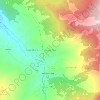Topografische kaart Mezzana Torre, hoogte, reliëf