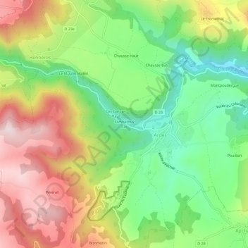 Topografische kaart Lambaroux Bas, hoogte, reliëf
