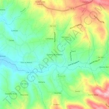 Topografische kaart Outeiro do Moinho, hoogte, reliëf