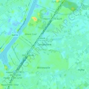 Topografische kaart Gent, hoogte, reliëf