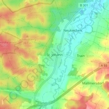 Topografische kaart St. Johann, hoogte, reliëf