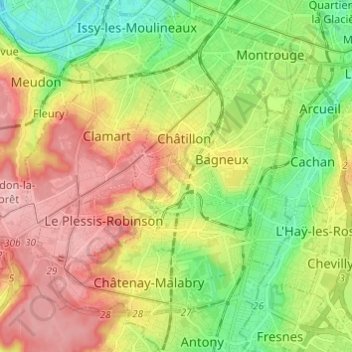 Topografische kaart Fontenay-aux-Roses, hoogte, reliëf