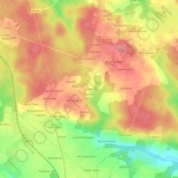 Topografische kaart Er Lann, hoogte, reliëf