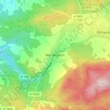 Topografische kaart Wernesgrün, hoogte, reliëf