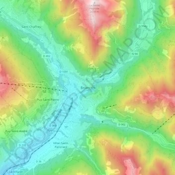 Topografische kaart Briançon, hoogte, reliëf