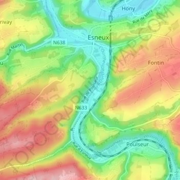 Topografische kaart Champay, hoogte, reliëf