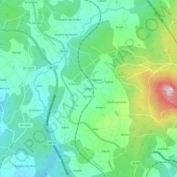 Topografische kaart Lestedo, hoogte, reliëf