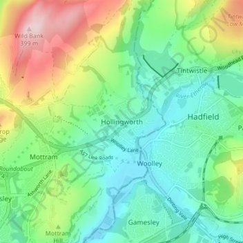 Topografische kaart Hollingworth, hoogte, reliëf