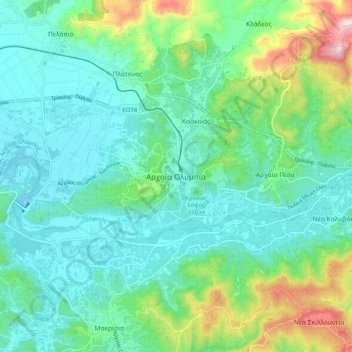 Topografische kaart Αρχαία Ολυμπία, hoogte, reliëf