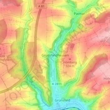 Topografische kaart Grünsfeldhausen, hoogte, reliëf