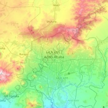 Topografische kaart Addis Abeba, hoogte, reliëf