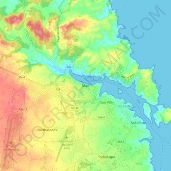 Topografische kaart Mahón, hoogte, reliëf