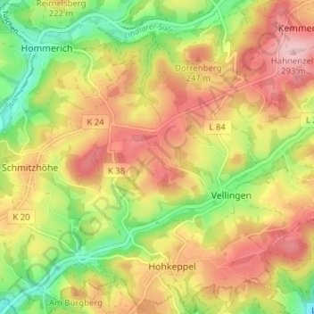 Topografische kaart Unterbergscheid, hoogte, reliëf
