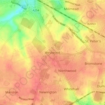 Topografische kaart Westwood, hoogte, reliëf