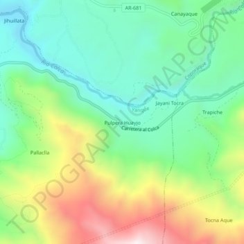 Topografische kaart Pulpera Huayjo, hoogte, reliëf