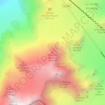 Topografische kaart Triangle du Tacul, hoogte, reliëf
