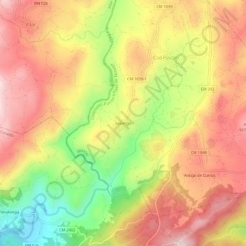 Topografische kaart Secerigo, hoogte, reliëf