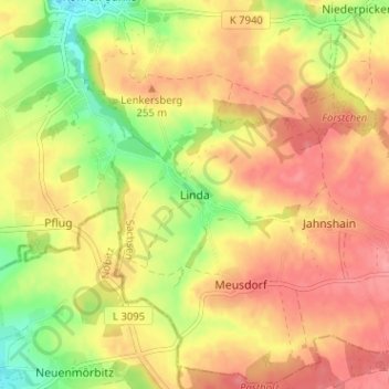 Topografische kaart Linda, hoogte, reliëf