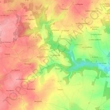 Topografische kaart Le Hangouët, hoogte, reliëf