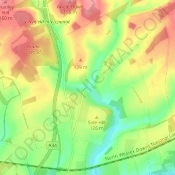 Topografische kaart Cole Henley, hoogte, reliëf