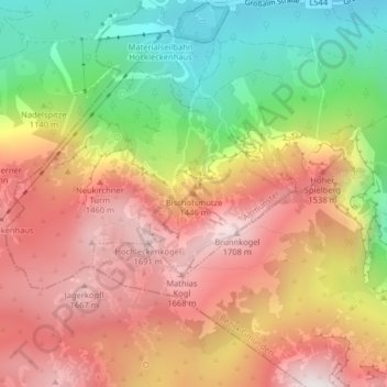 Topografische kaart Bischofsmütze, hoogte, reliëf