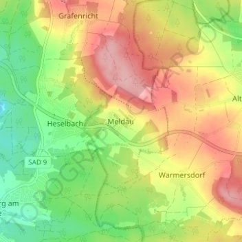 Topografische kaart Meldau, hoogte, reliëf