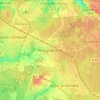 Topografische kaart Roissy-en-Brie, hoogte, reliëf