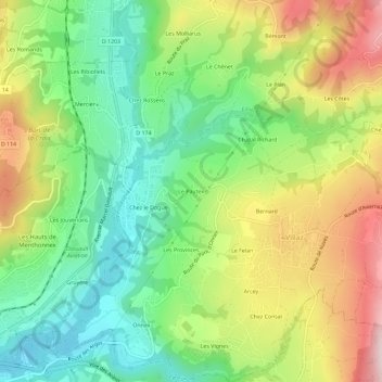 Topografische kaart Le Pautex, hoogte, reliëf