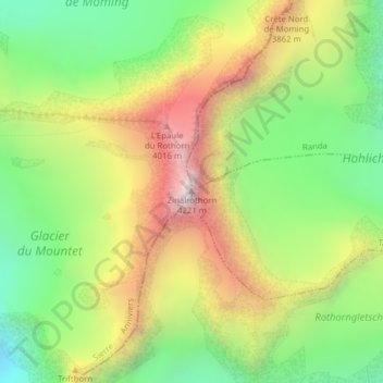 Topografische kaart Zinalrothorn, hoogte, reliëf