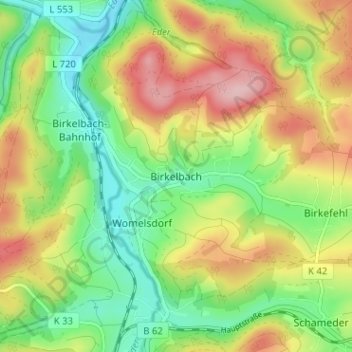 Topografische kaart Birkelbach, hoogte, reliëf