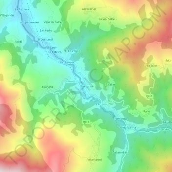 Topografische kaart Bárzana, hoogte, reliëf