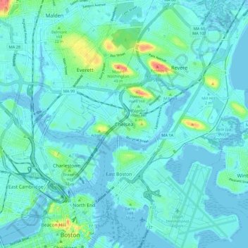 Topografische kaart Chelsea, hoogte, reliëf