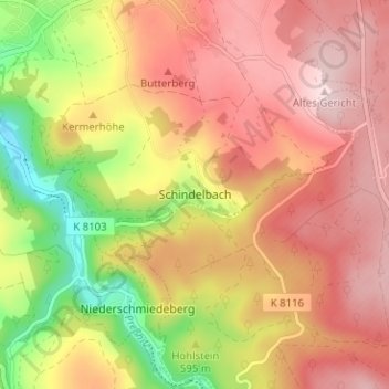 Topografische kaart Schindelbach, hoogte, reliëf