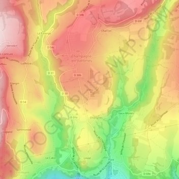 Topografische kaart Vieu, hoogte, reliëf
