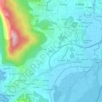 Topografische kaart Pintán, hoogte, reliëf