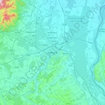 Topografische kaart Mulhouse, hoogte, reliëf