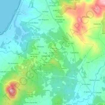 Topografische kaart O Lapido, hoogte, reliëf