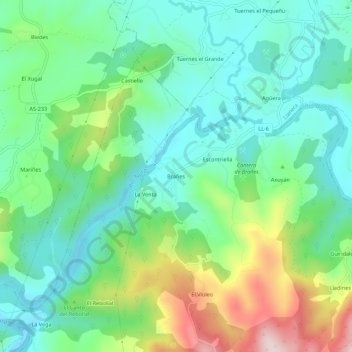 Topografische kaart Brañes, hoogte, reliëf