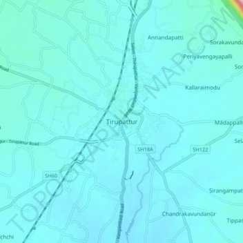 Topografische kaart Tirupattur, hoogte, reliëf