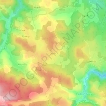 Topografische kaart Fouzillac, hoogte, reliëf