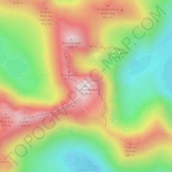 Topografische kaart Carrauntoohil, hoogte, reliëf