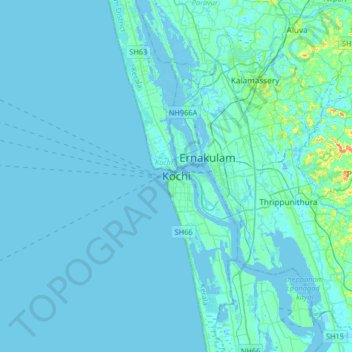 Topografische kaart Kochi, hoogte, reliëf