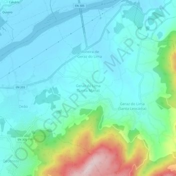 Topografische kaart Geraz do Lima (Santa Maria), hoogte, reliëf