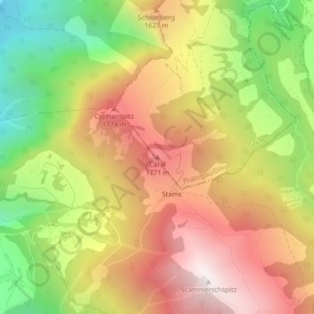 Topografische kaart Caral, hoogte, reliëf