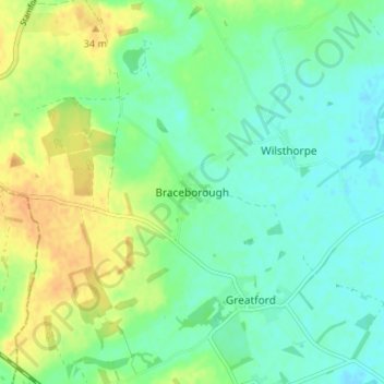 Topografische kaart Braceborough, hoogte, reliëf