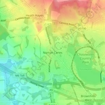 Topografische kaart Norton Canes, hoogte, reliëf